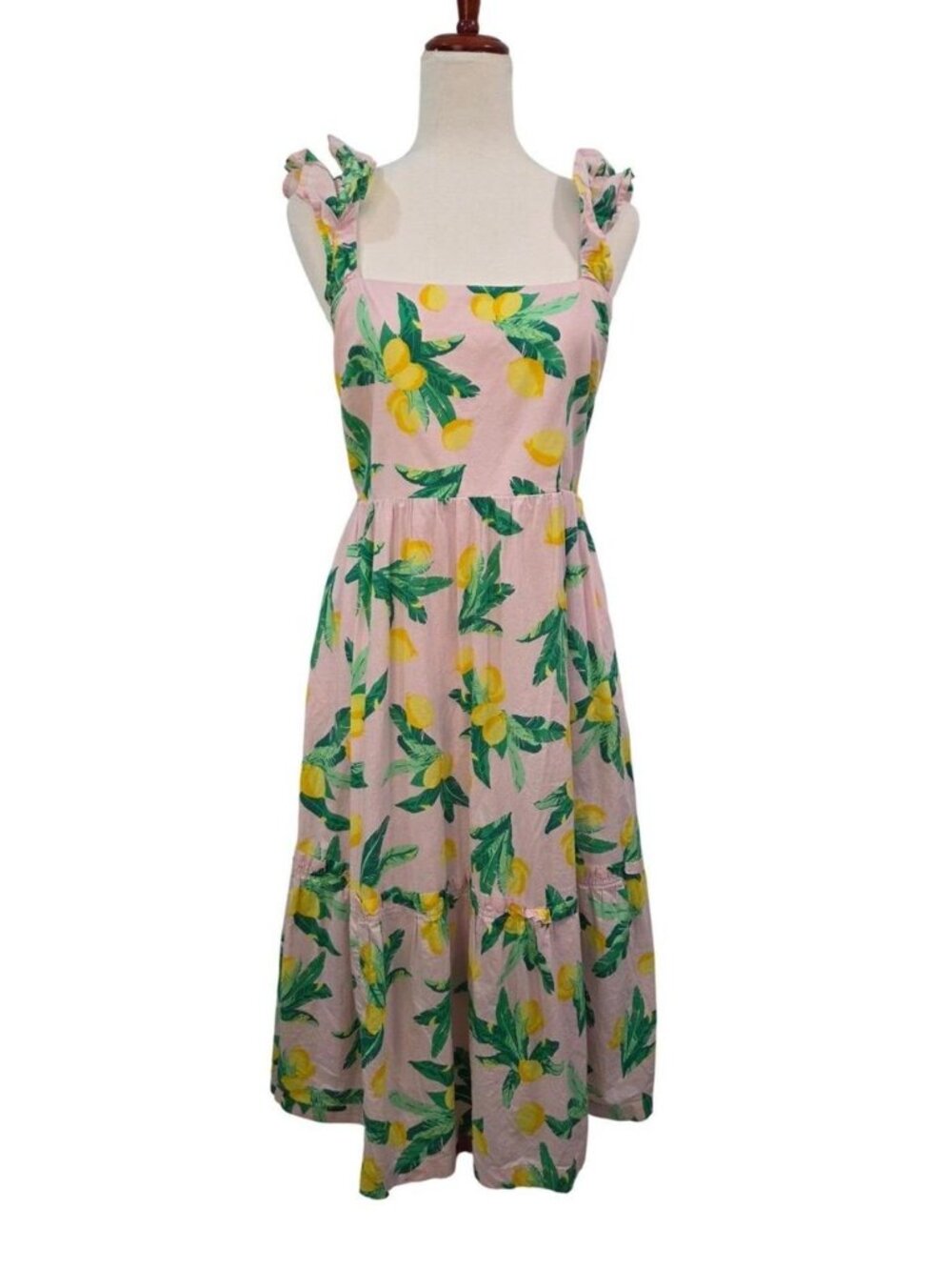 J. Crew Pink Lemon Print Ruffle Strap Smocked Back Cotton Midi Dress Size 12